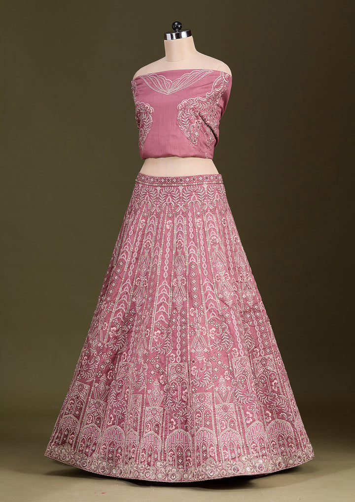 Peach Cording Raw Silk Semi-Stitched Lehenga