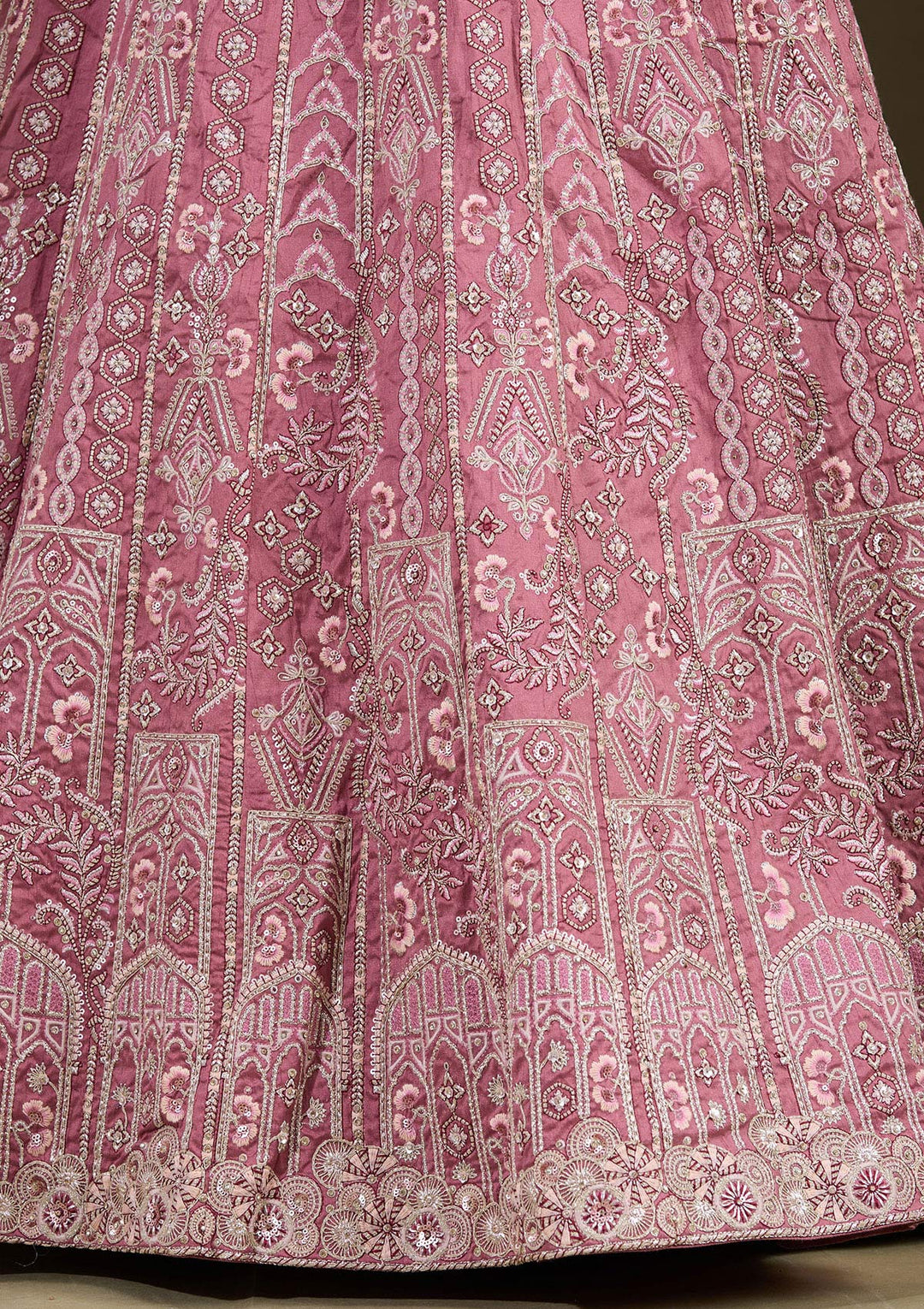 Peach Cording Raw Silk Semi-Stitched Lehenga