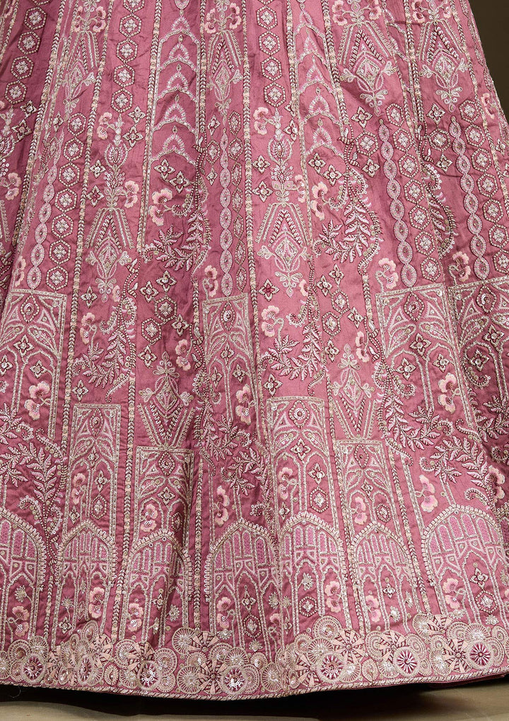 Peach Cording Raw Silk Semi-Stitched Lehenga