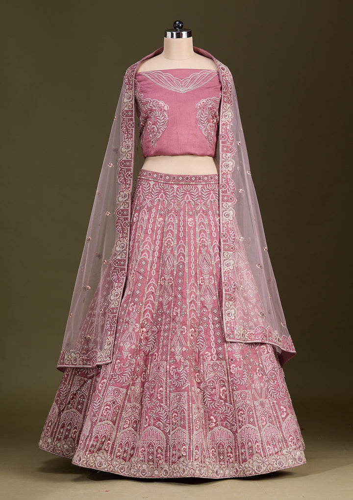 Peach Cording Raw Silk Semi-Stitched Lehenga