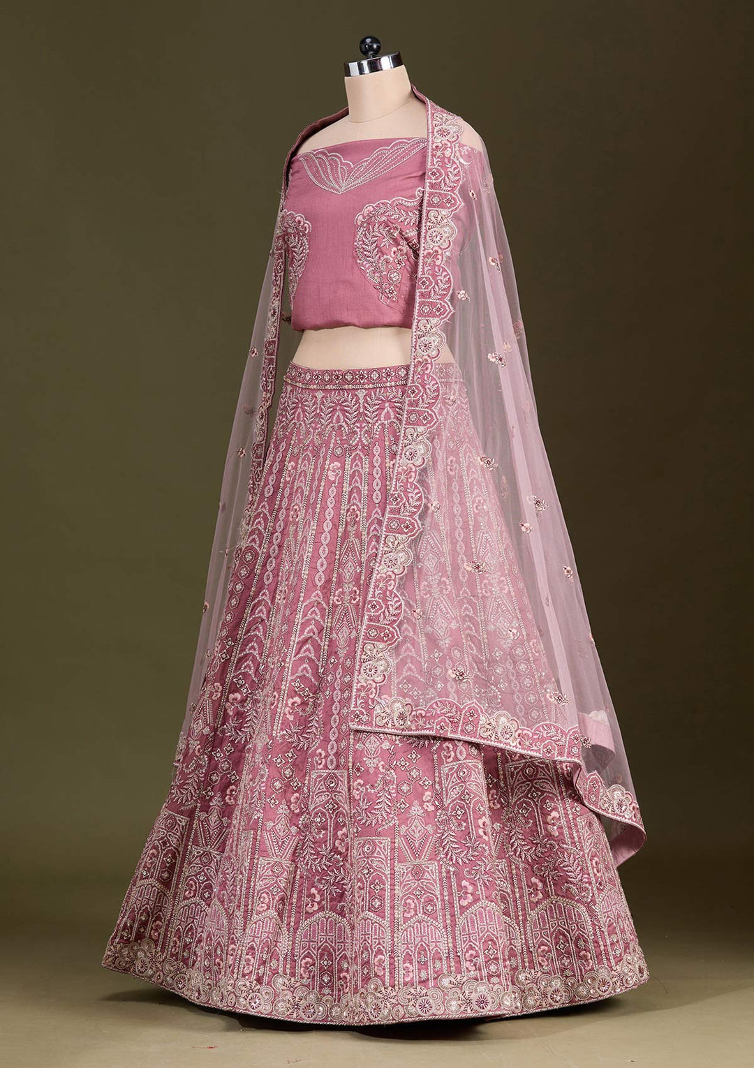 Peach Cording Raw Silk Semi-Stitched Lehenga