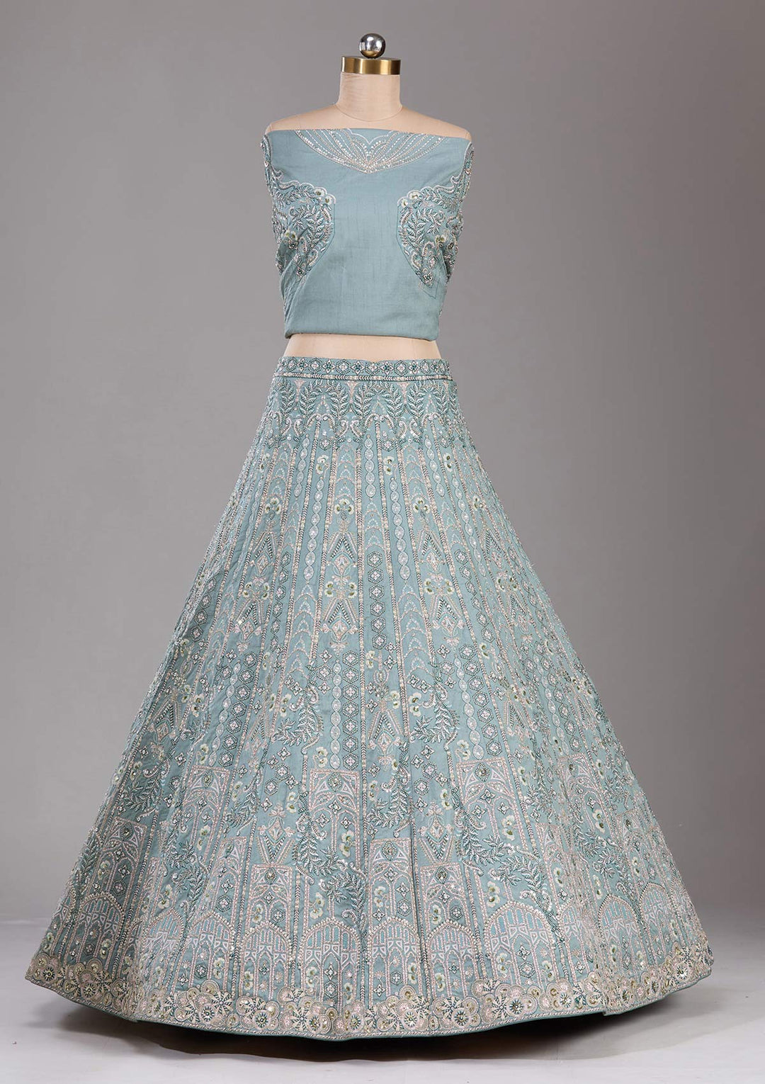 Sea Green Cording Raw Silk Semi-Stitched  Lehenga