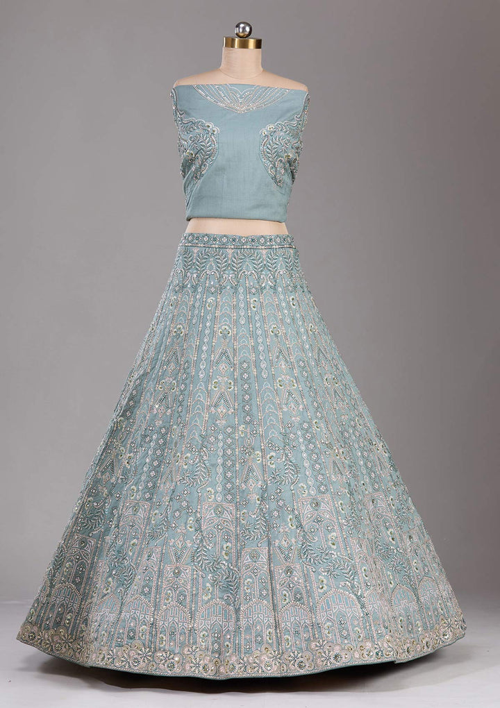 Sea Green Cording Raw Silk Semi-Stitched  Lehenga