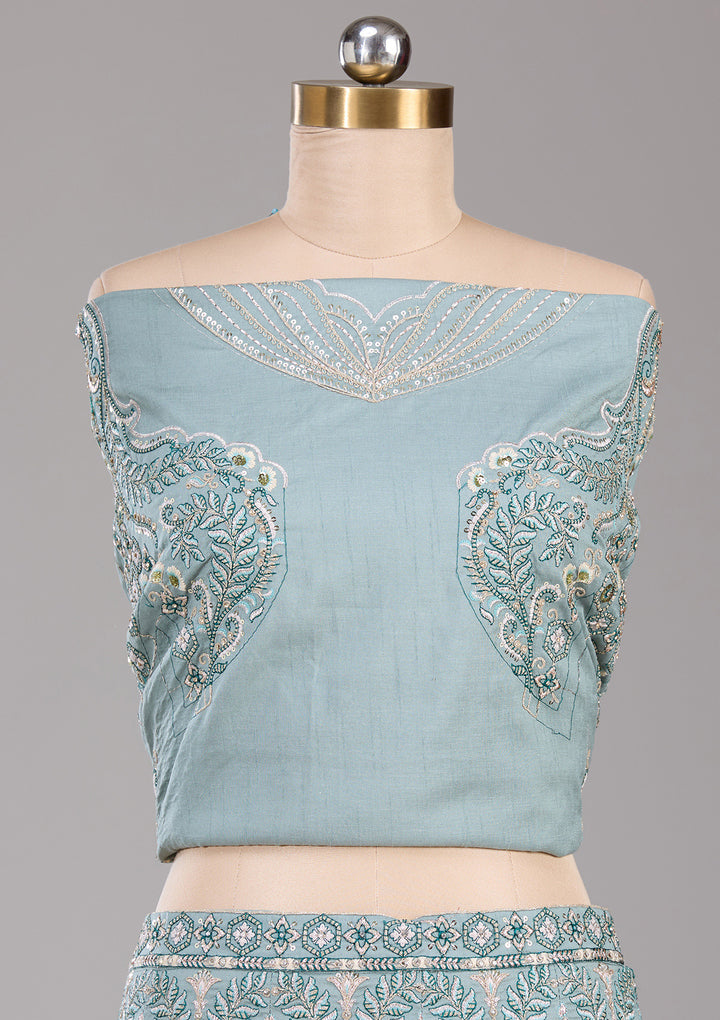Sea Green Cording Raw Silk Semi-Stitched  Lehenga