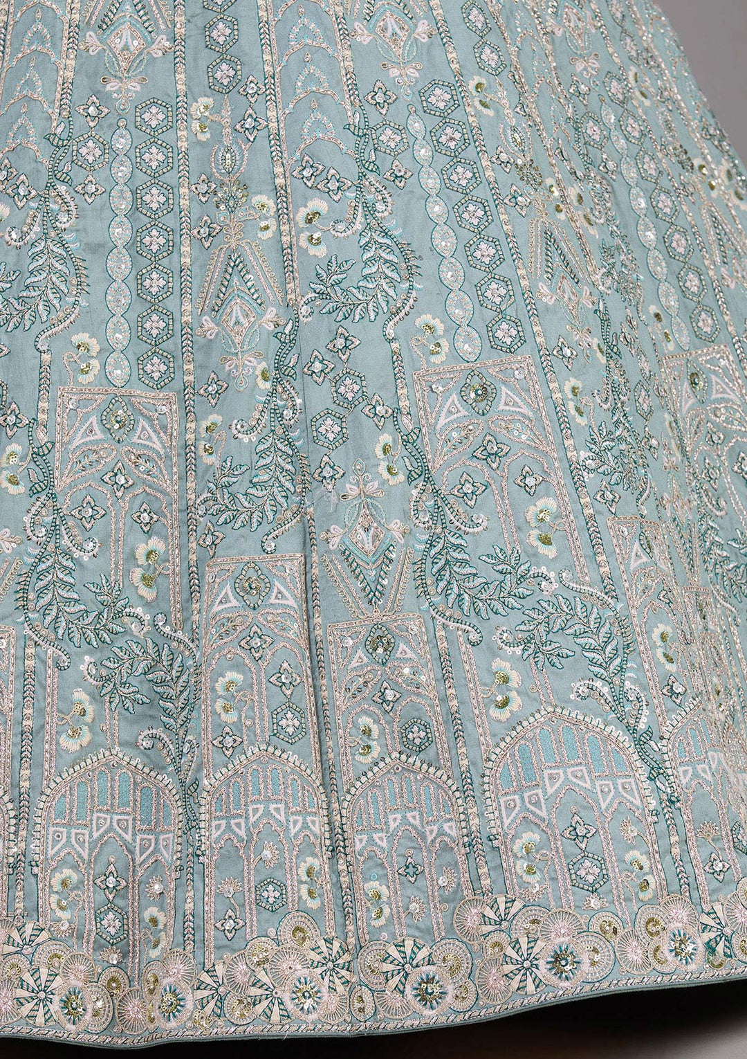 Sea Green Cording Raw Silk Semi-Stitched  Lehenga