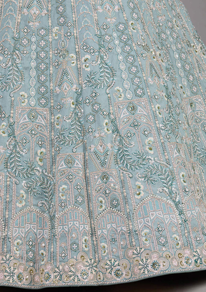 Sea Green Cording Raw Silk Semi-Stitched  Lehenga