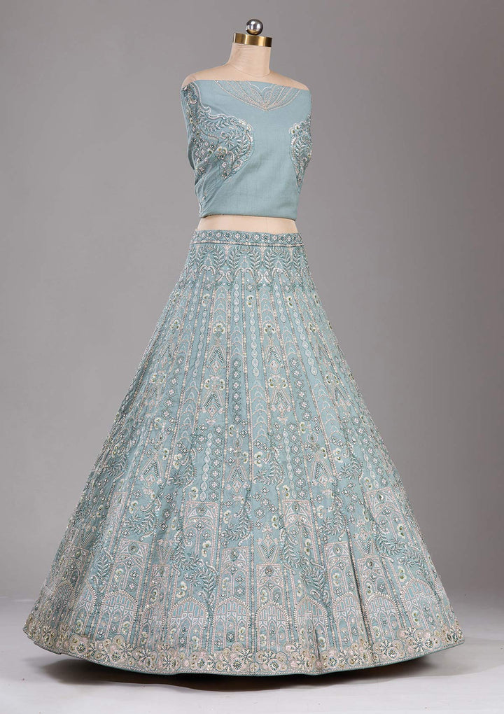 Sea Green Cording Raw Silk Semi-Stitched  Lehenga