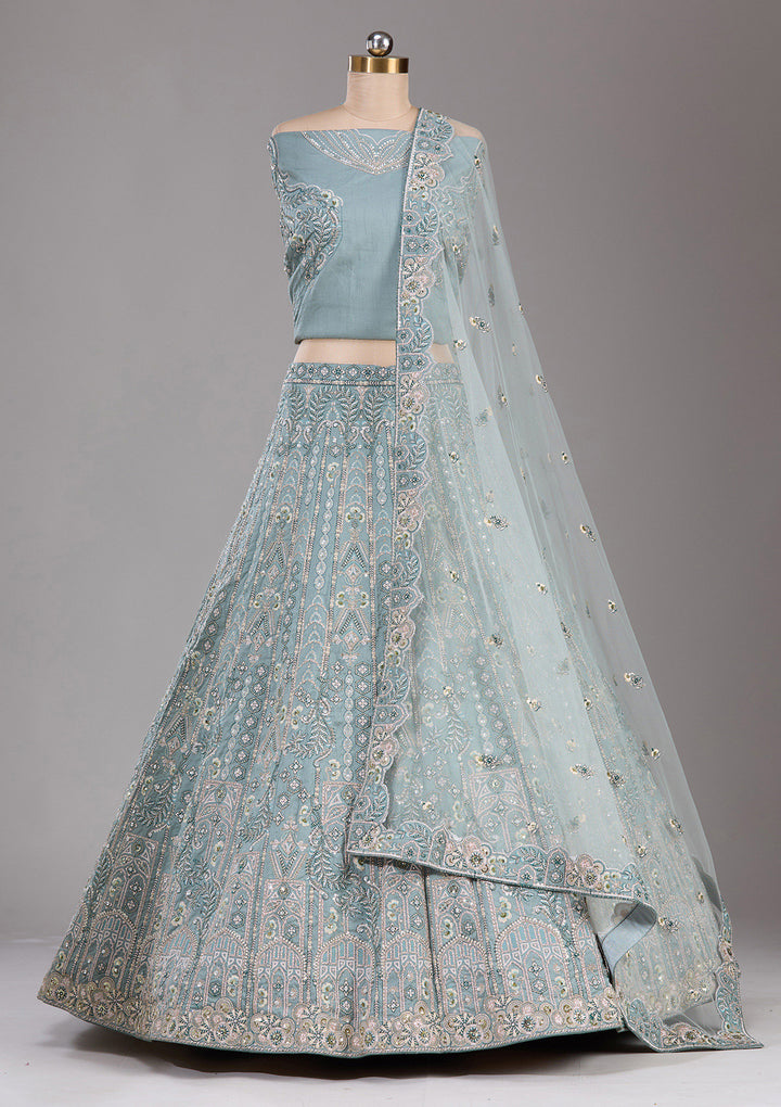 Sea Green Cording Raw Silk Semi-Stitched  Lehenga