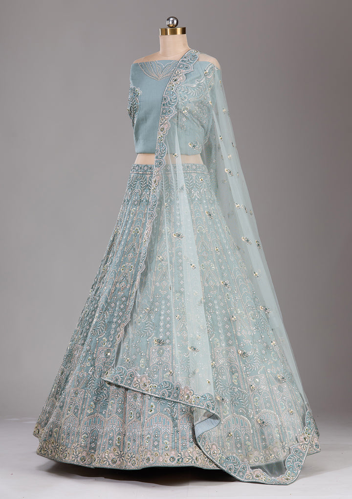 Sea Green Cording Raw Silk Semi-Stitched  Lehenga