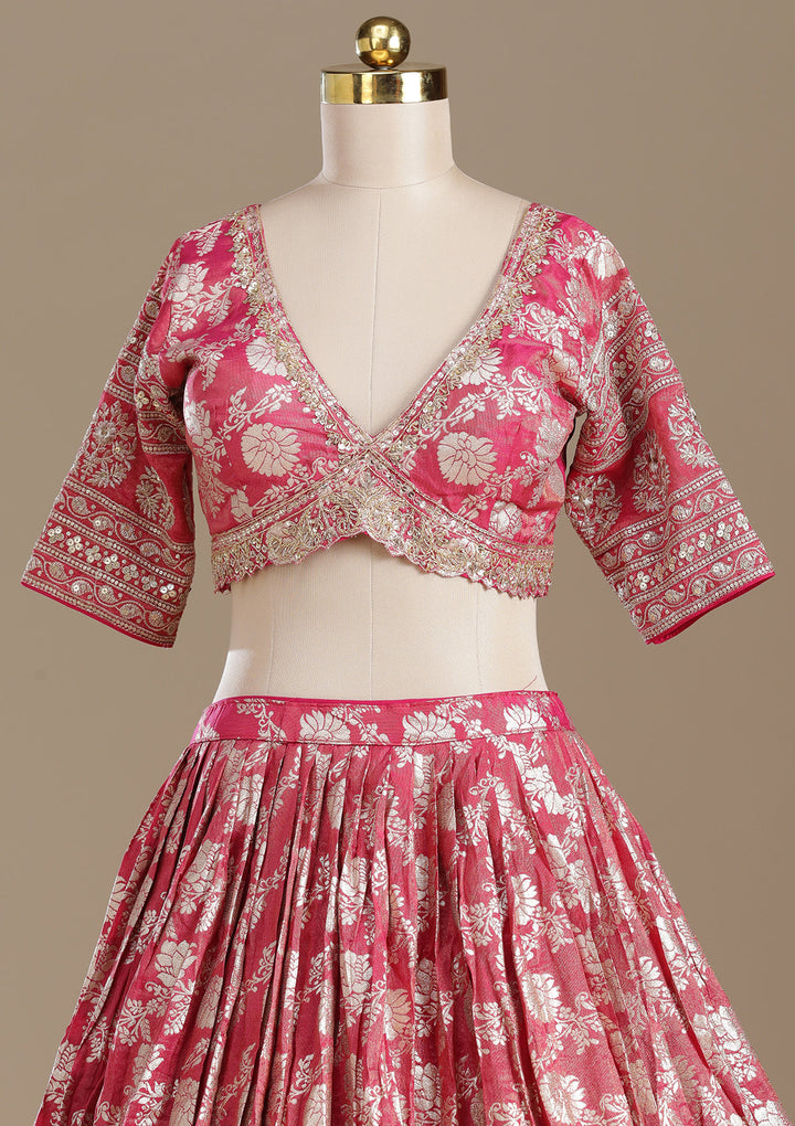 Gajari Pink Cording Banarasi Readymade Lehenga