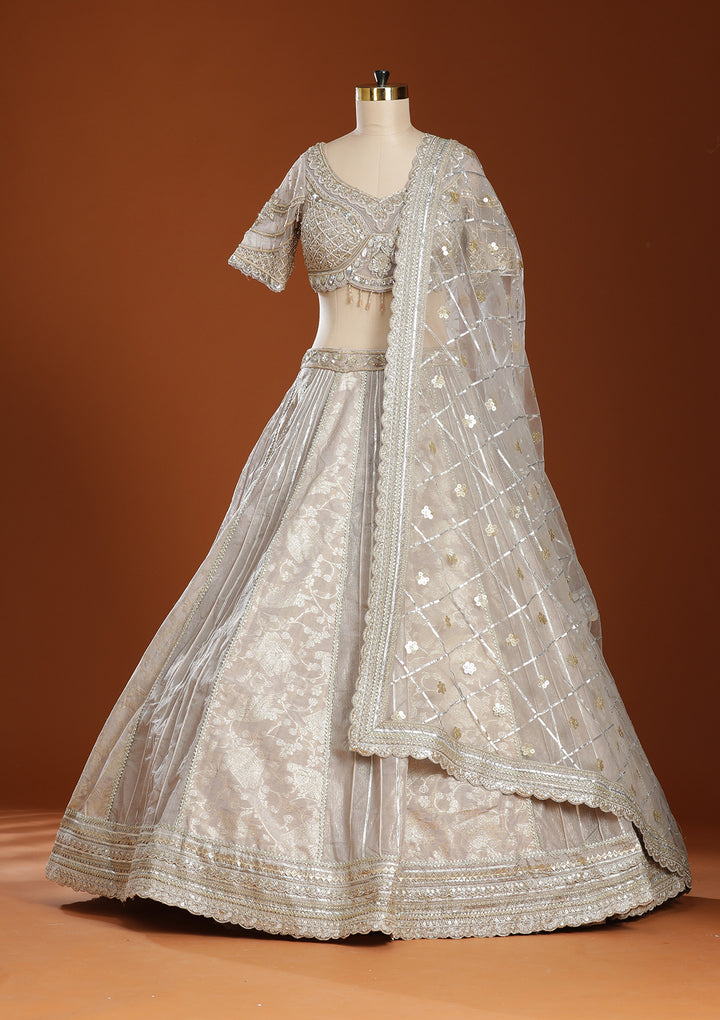 Grey Mirrorwork Organza Readymade Lehenga