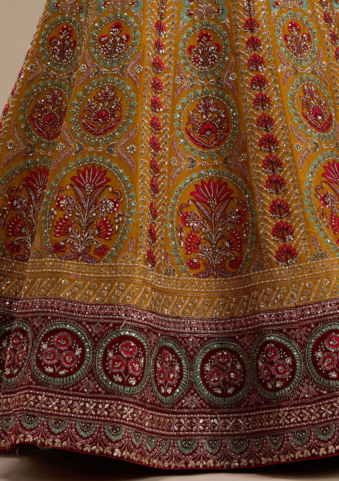 Mustard Zardosi Raw Silk Semi-Stitched Lehenga