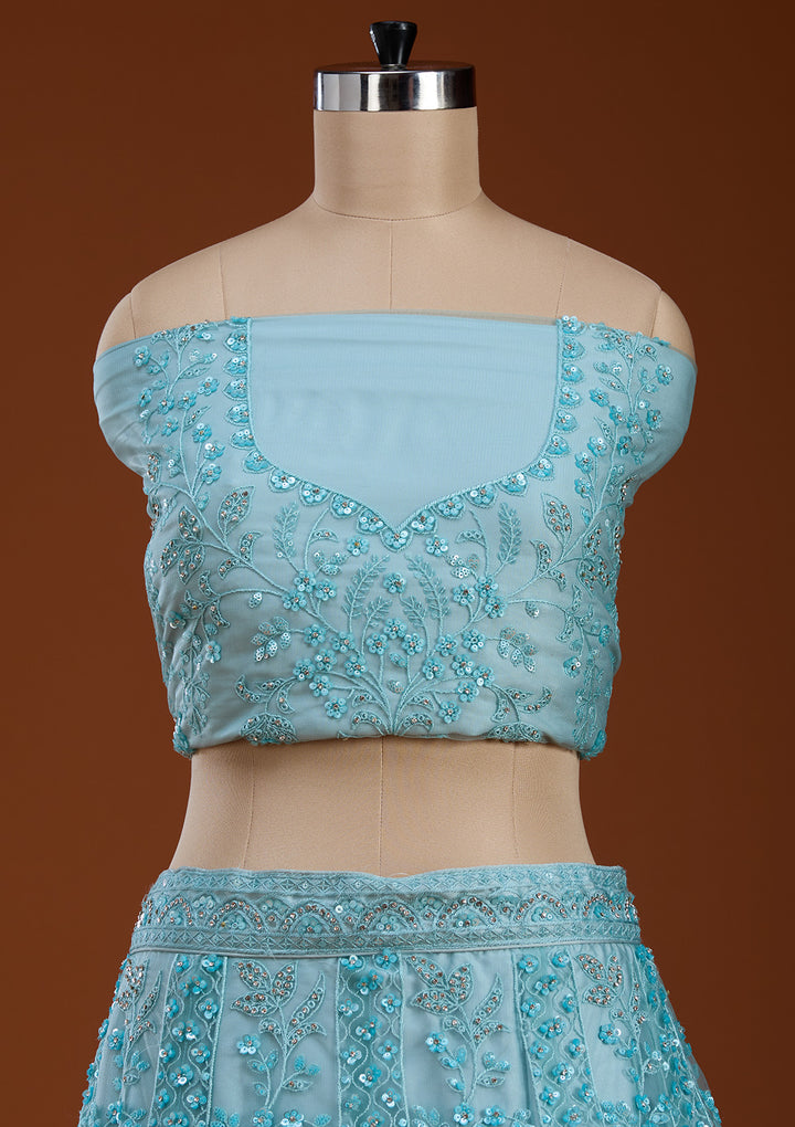 Sky Blue Sequins Net Semi-Stitched Lehenga
