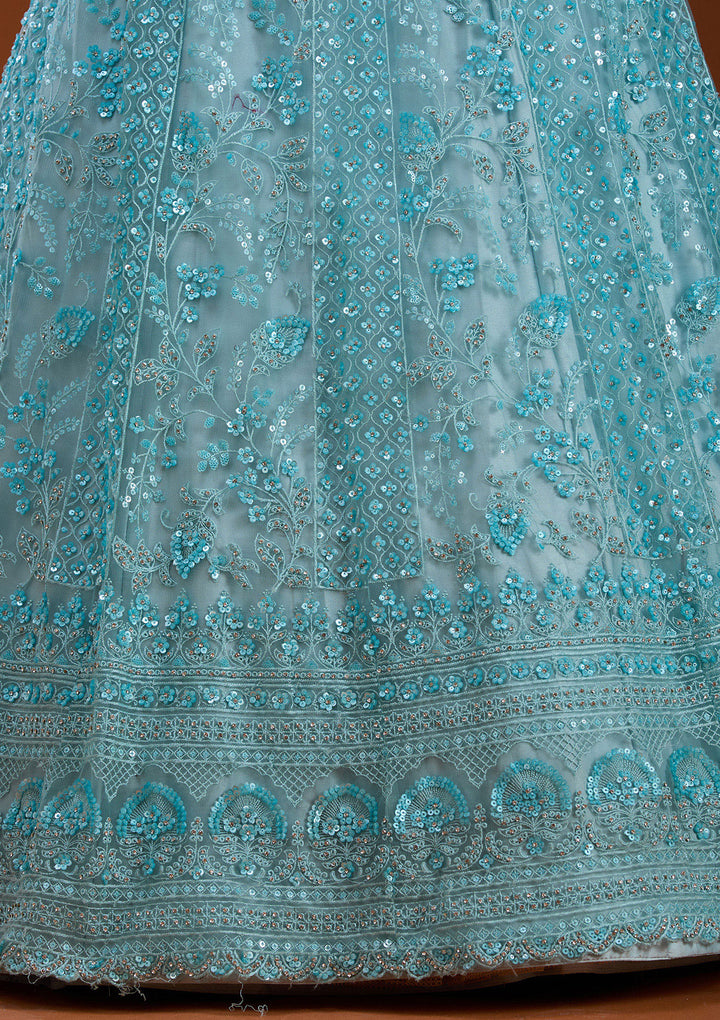 Sky Blue Sequins Net Semi-Stitched Lehenga