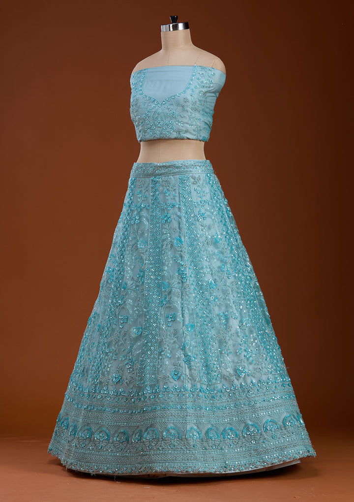 Sky Blue Sequins Net Semi-Stitched Lehenga