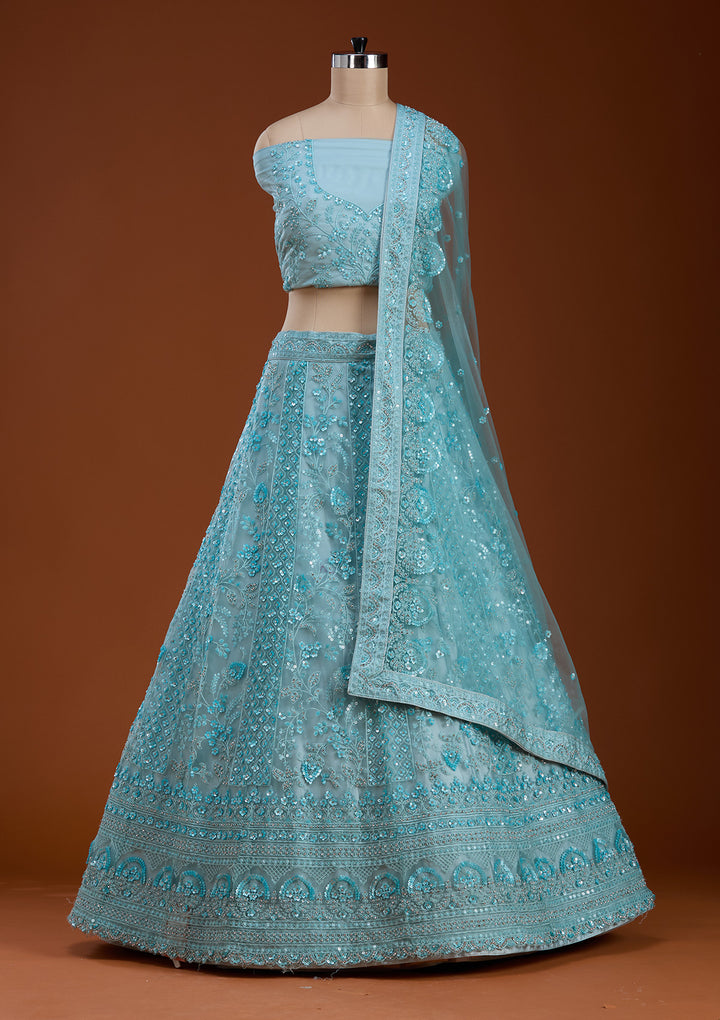 Sky Blue Sequins Net Semi-Stitched Lehenga