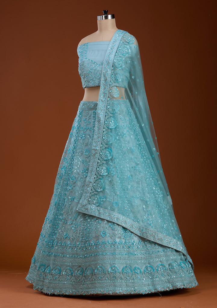 Sky Blue Sequins Net Semi-Stitched Lehenga