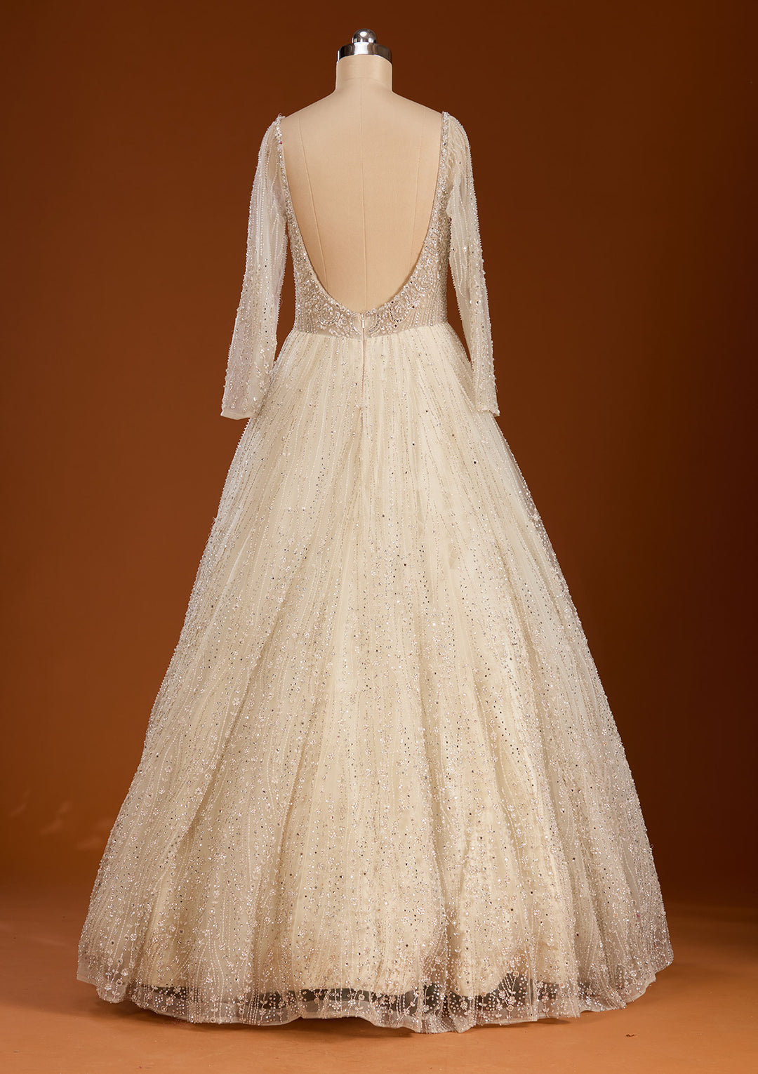 Cream Silver Stonework Net Readymade Gown