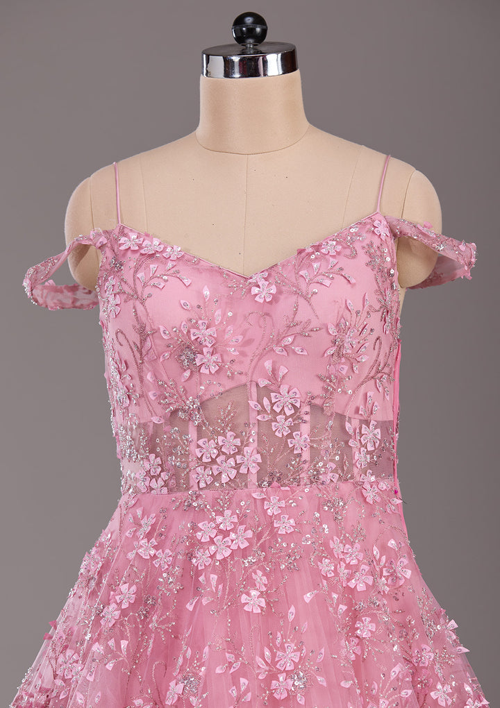 Baby Pink Applique Net Readymade Gown