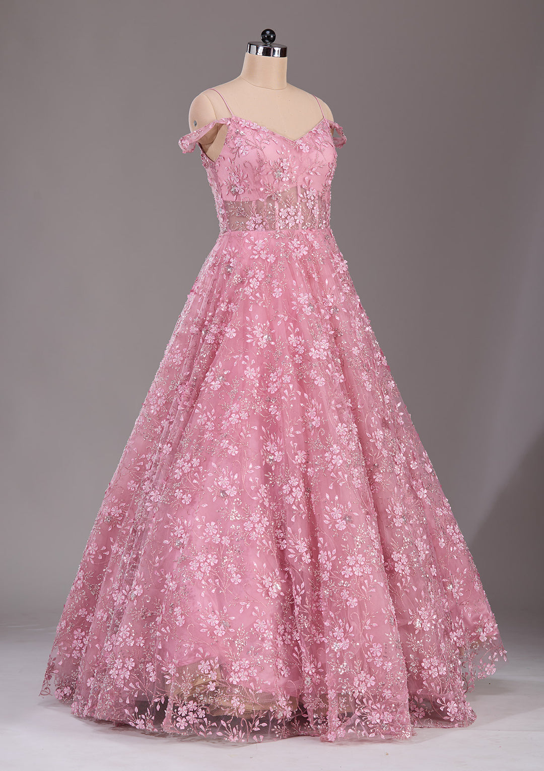 Baby Pink Applique Net Readymade Gown