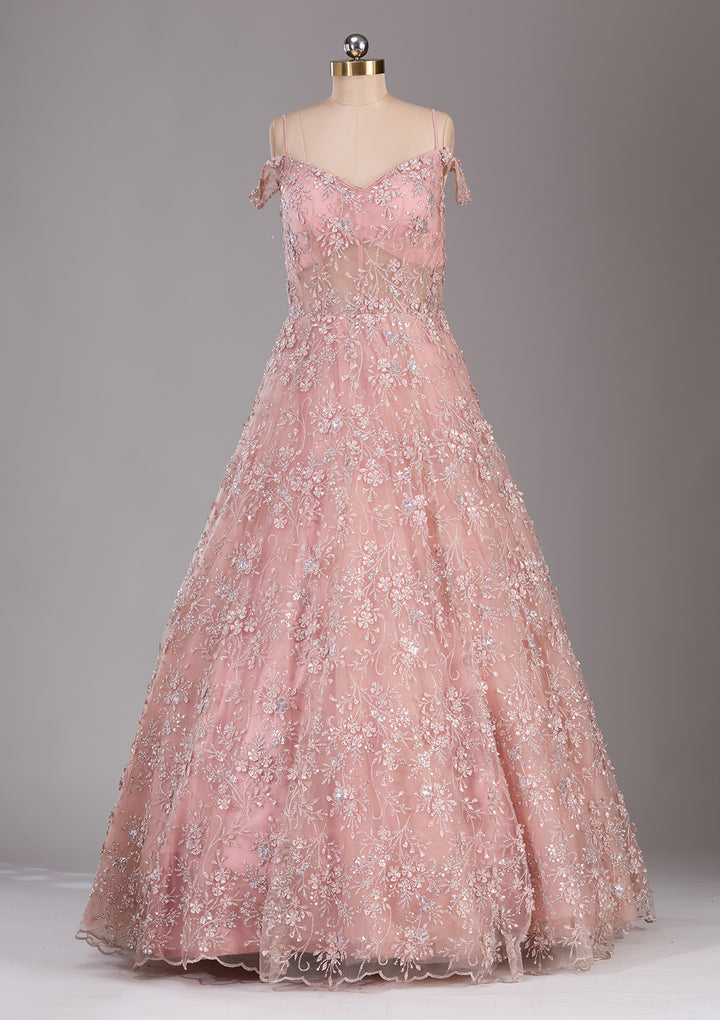 Pink Applique Net Readymade Gown
