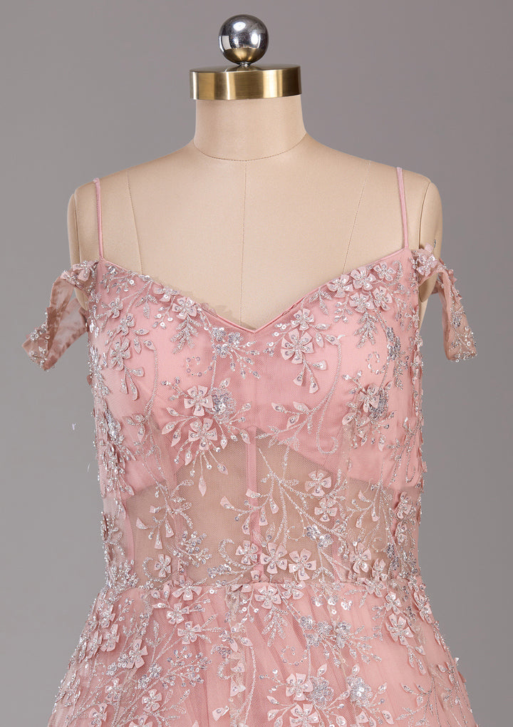 Pink Applique Net Readymade Gown