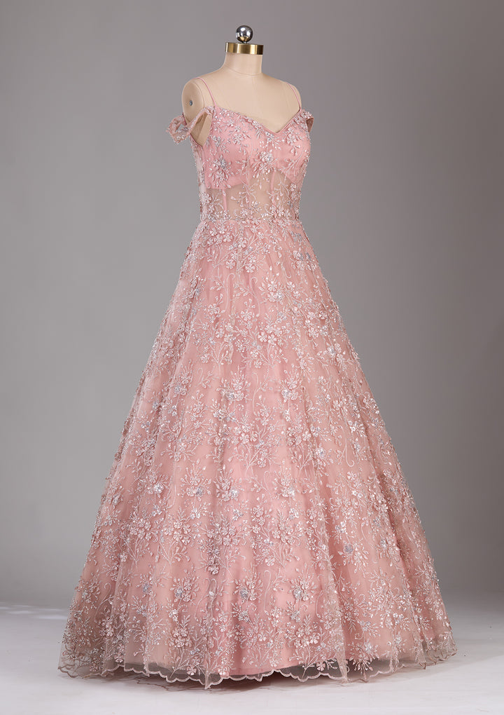 Pink Applique Net Readymade Gown