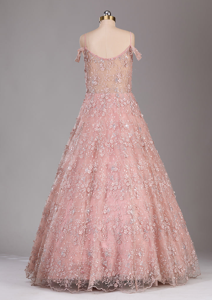 Pink Applique Net Readymade Gown