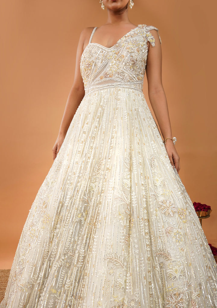 Off White Threadwork Net Gown