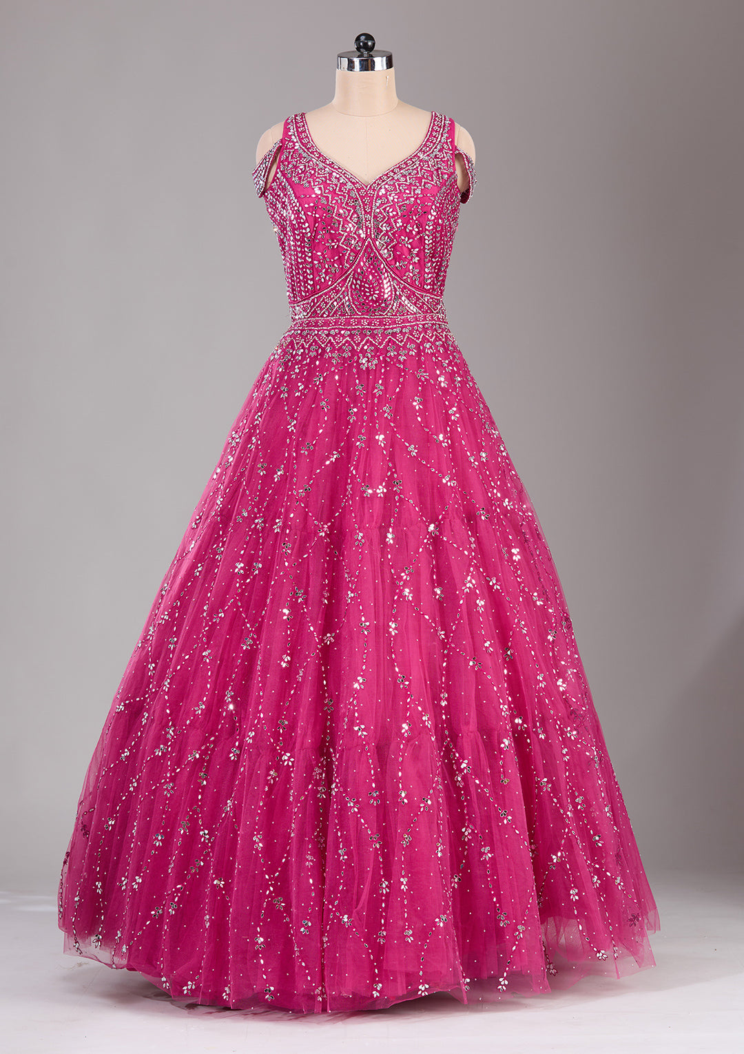 Magenta Pink Sequins Net Gown