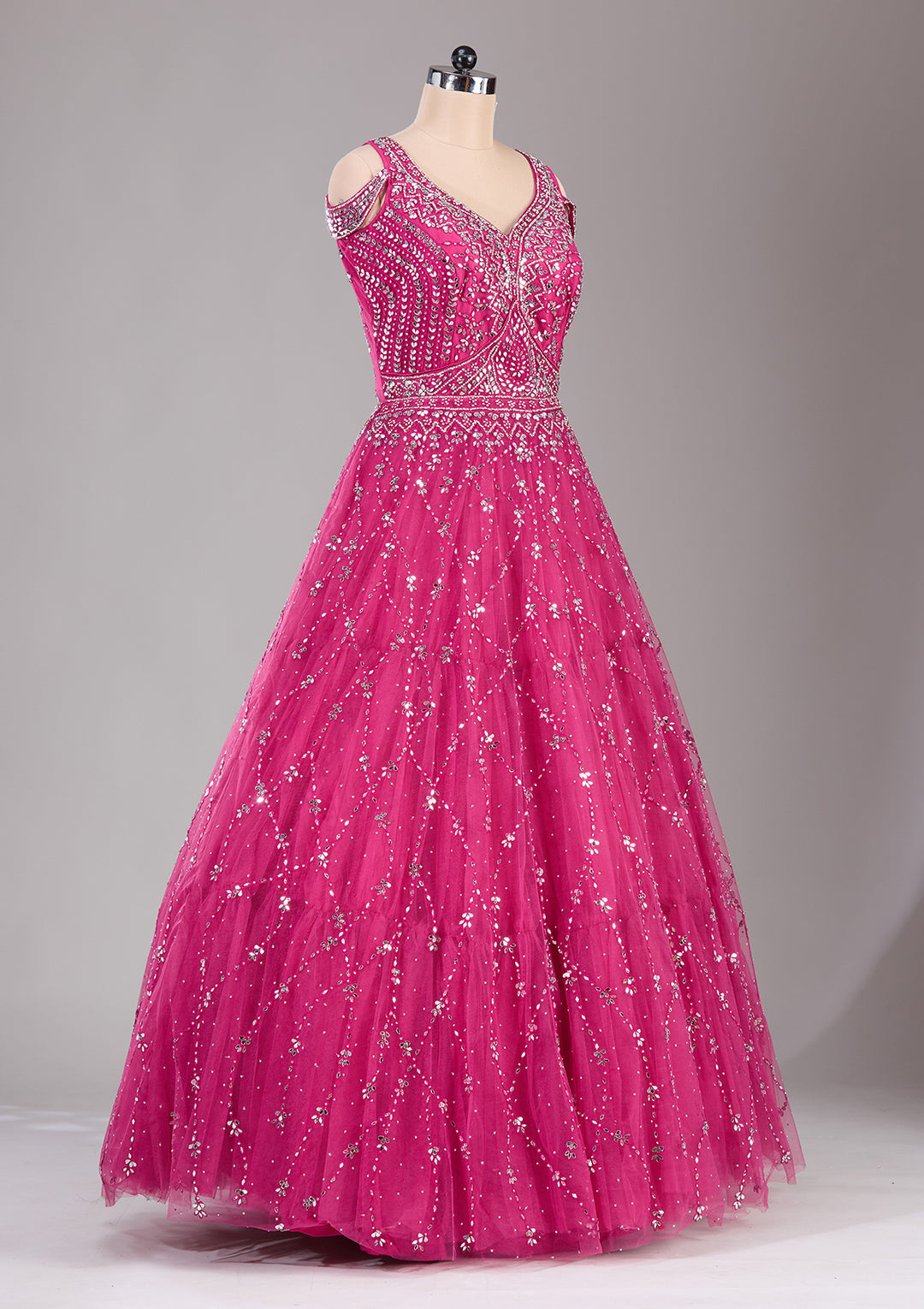 Magenta Pink Sequins Net Gown