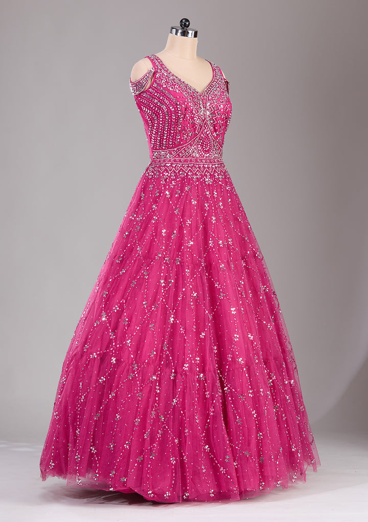 Magenta Pink Sequins Net Gown