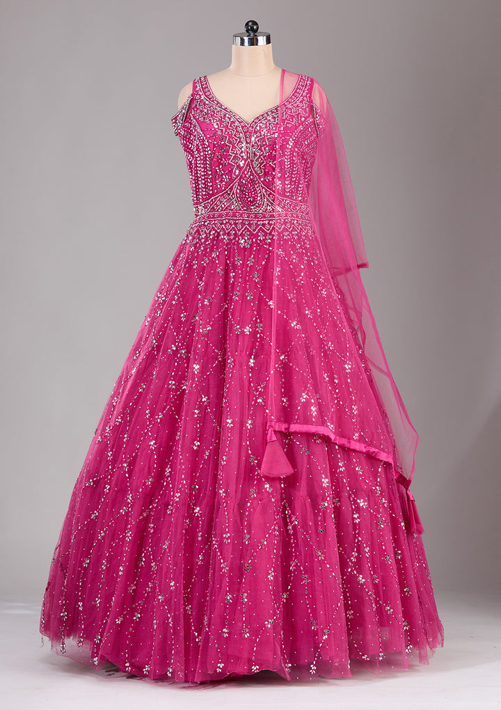 Magenta Pink Sequins Net Gown