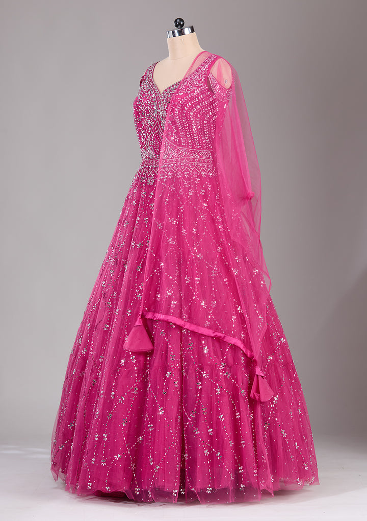 Magenta Pink Sequins Net Gown