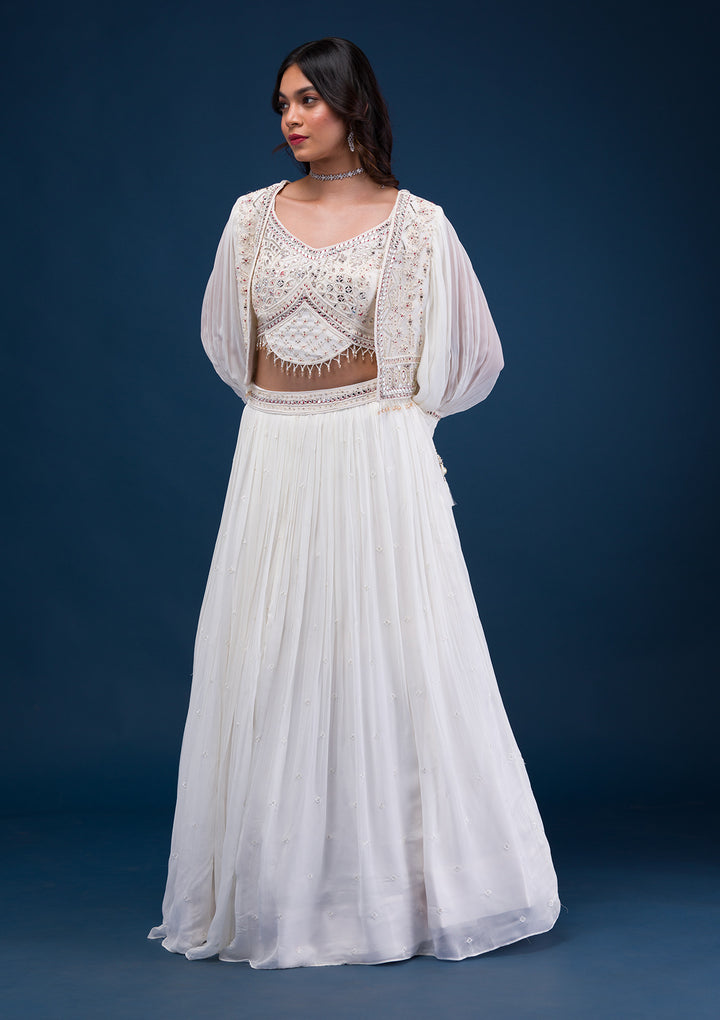 Cream Mirrorwork Georgette Readymade Lehenga
