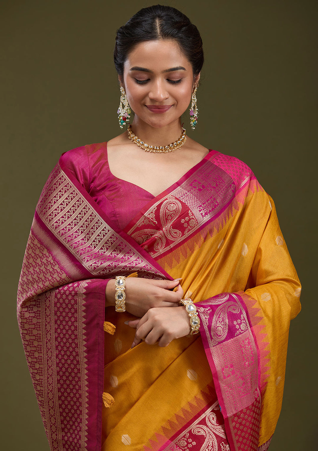 Mustard Printed Art Silk Saree