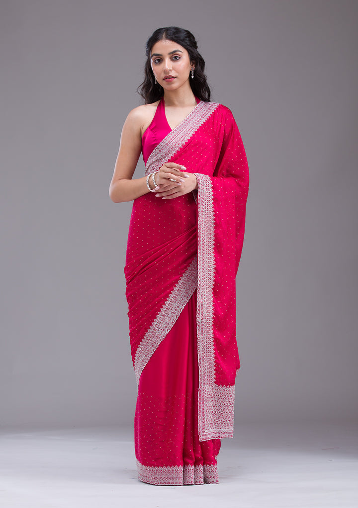 Rani Pink Zariwork (Silver) Satin Saree