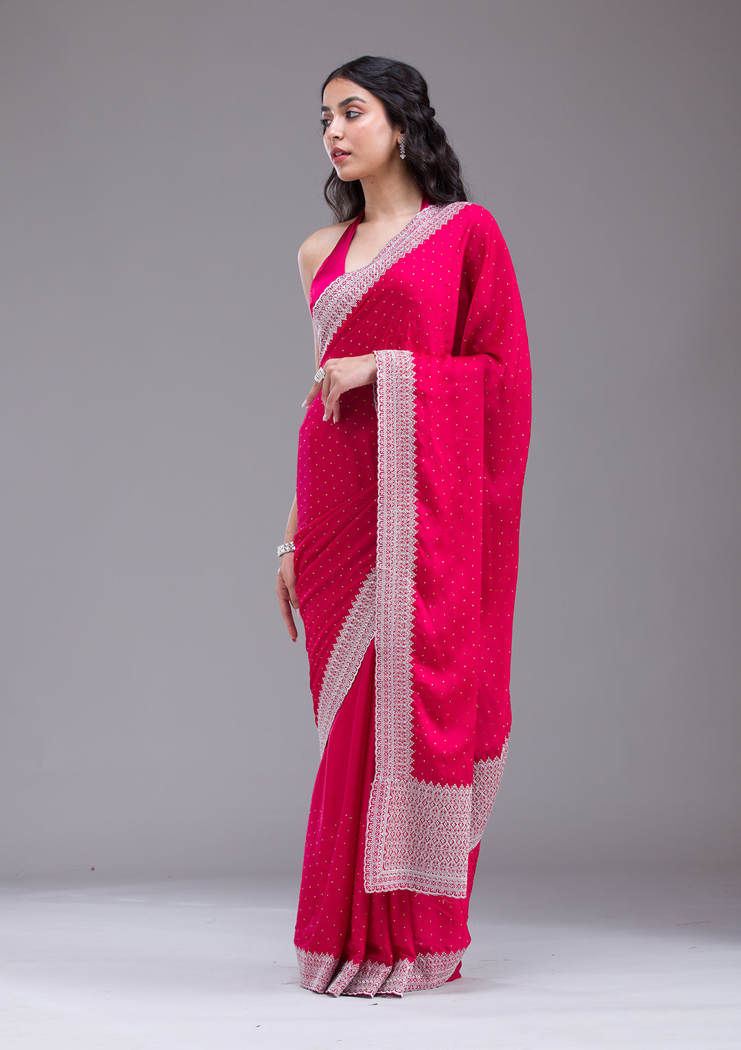 Rani Pink Zariwork (Silver) Satin Saree