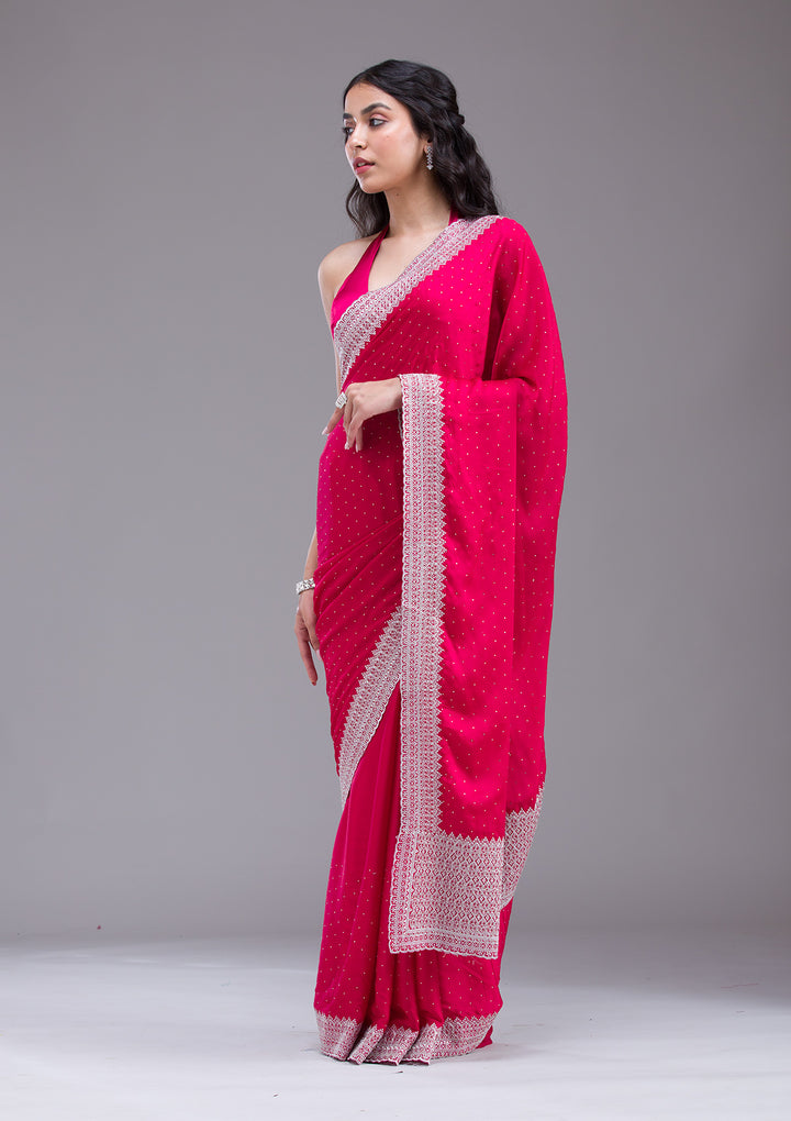 Rani Pink Zariwork (Silver) Satin Saree