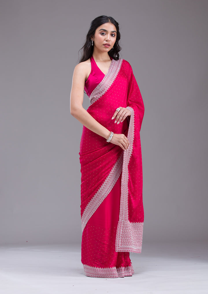 Rani Pink Zariwork (Silver) Satin Saree