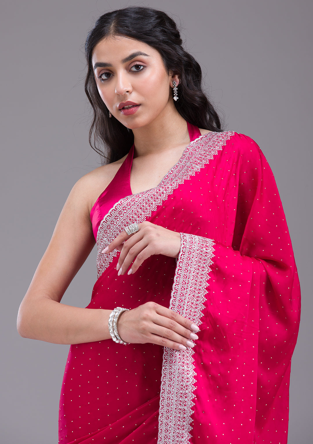 Rani Pink Zariwork (Silver) Satin Saree