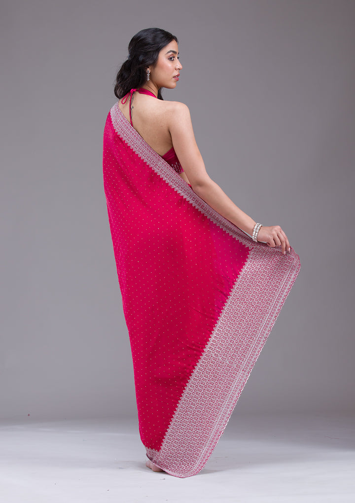 Rani Pink Zariwork (Silver) Satin Saree