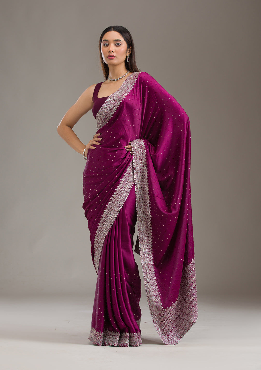 Wine Stonework Satin Saree