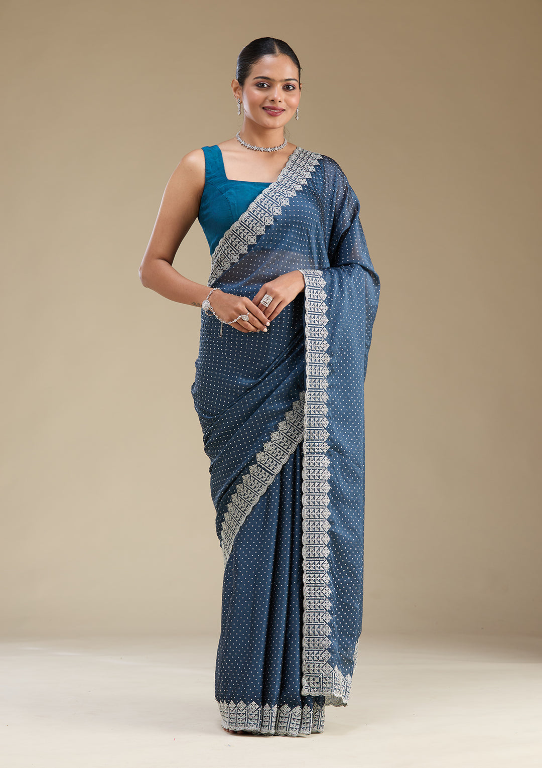 Peacock Blue Zariwork Satin Saree