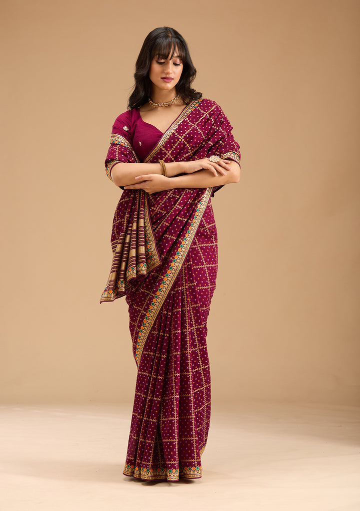 Wine Gold Zariwork Soft Raw Silk Saree