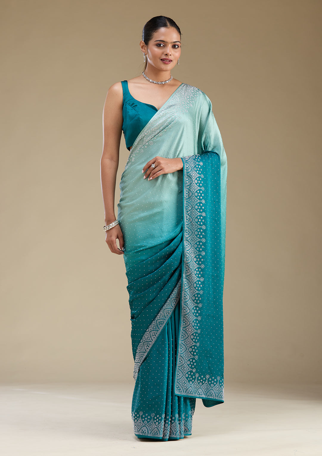 Peacock Green Stonework Satin Saree