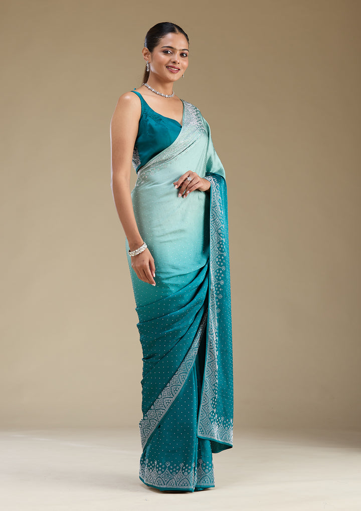 Peacock Green Stonework Satin Saree