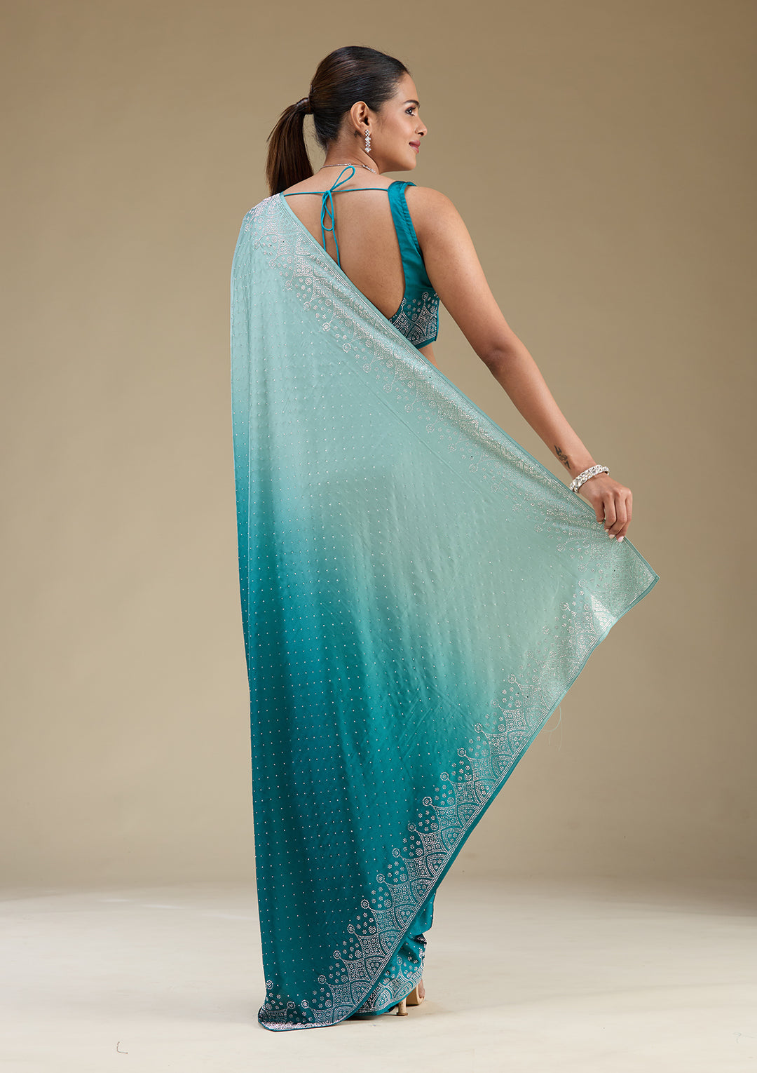 Peacock Green Stonework Satin Saree