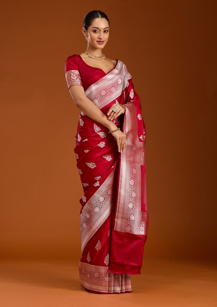 Maroon Zariwork (Silver) Satin Silk Saree