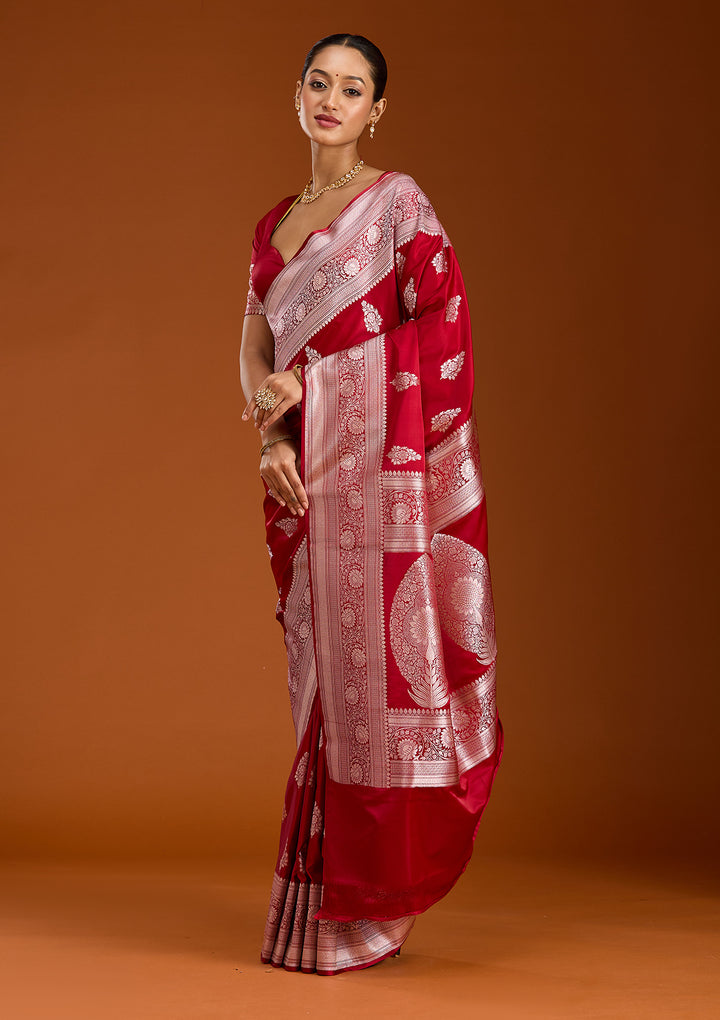 Maroon Zariwork (Silver) Satin Silk Saree